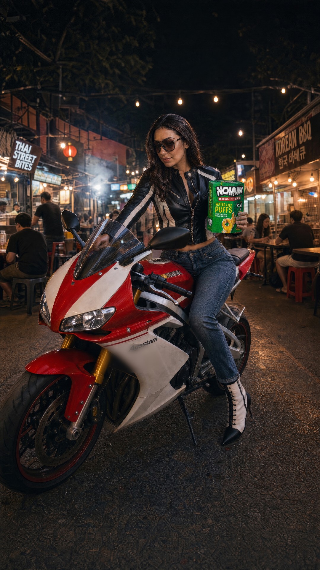 NOMMM founder Lisa with motorbike holding USA Buffalo Ranch Riot pack.