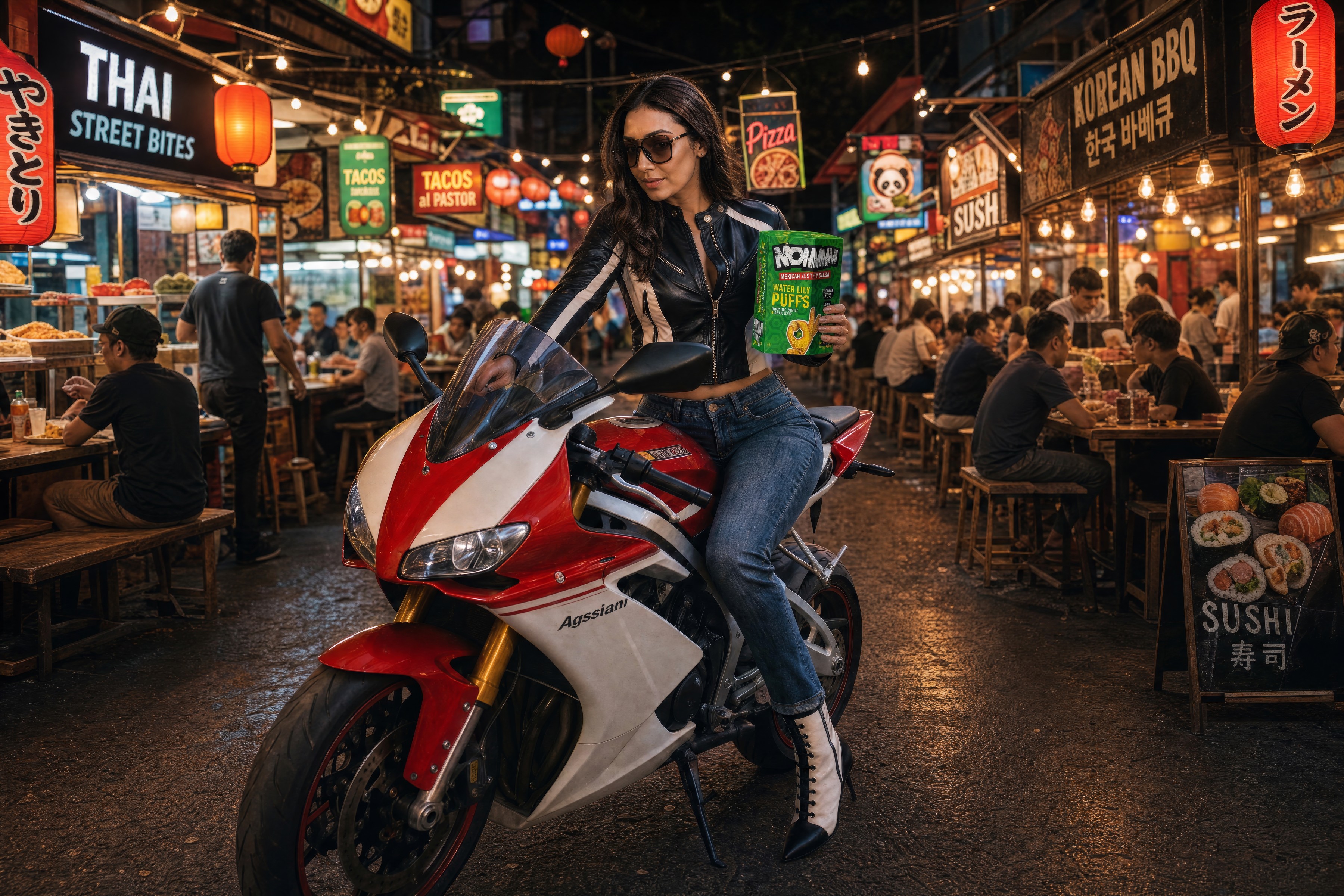 NOMMM founder Lisa on motorbike at night market holding Mexican Desty Salsa Water Lily Puffs.