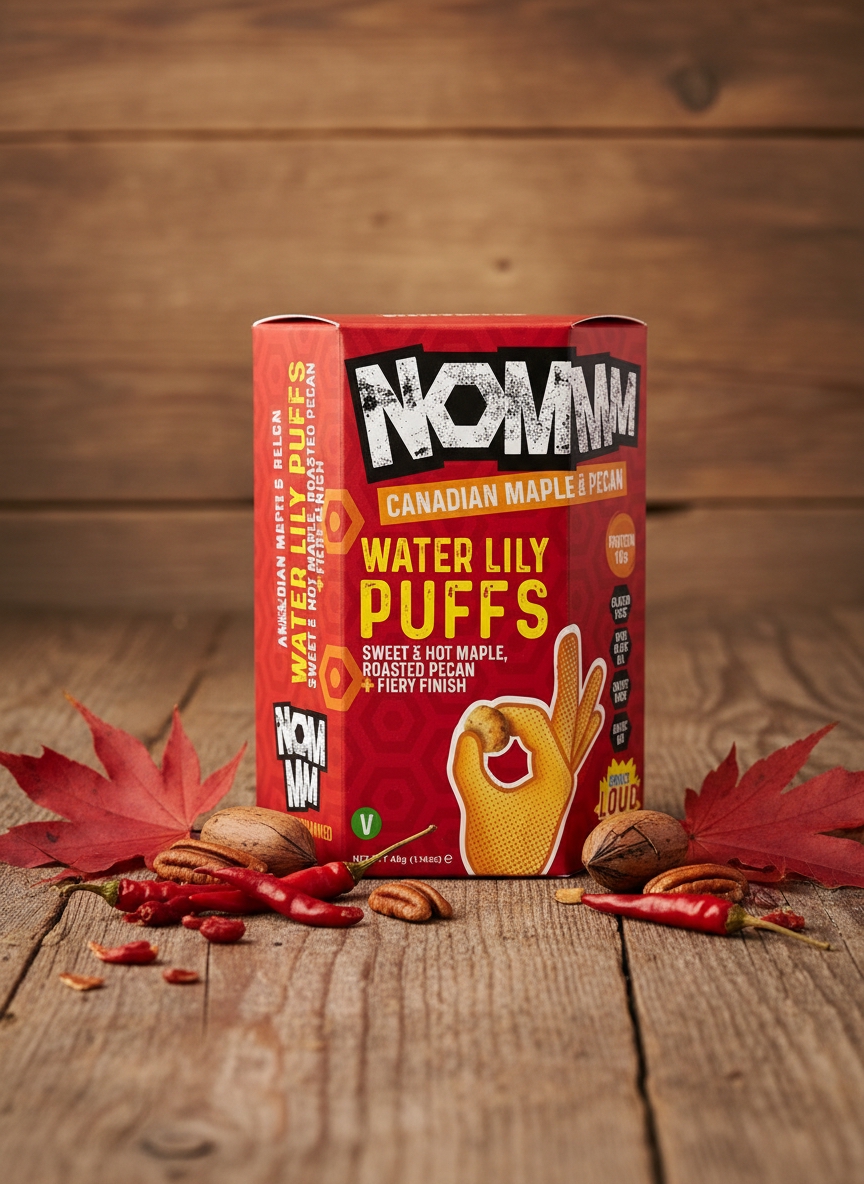 NOMMM Canadian Maple & Pecan water lily puffs pack with red maple leaves, pecans, and red chilies.