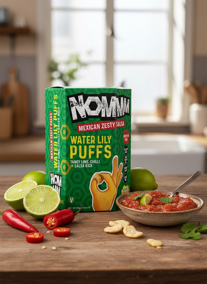 NOMMM Mexican Zesty Salsa water lily puffs pack with limes, red chilies, and salsa.