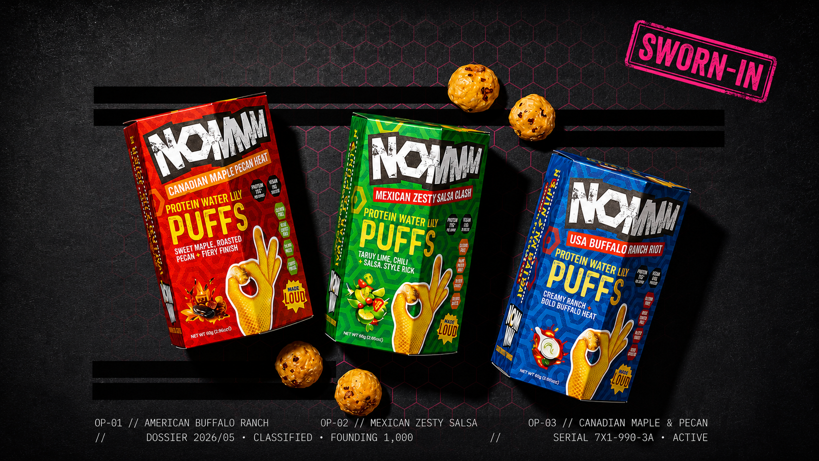 NOMMM Founder 3-pack - Buffalo Ranch, Salsa, Maple Pecan.