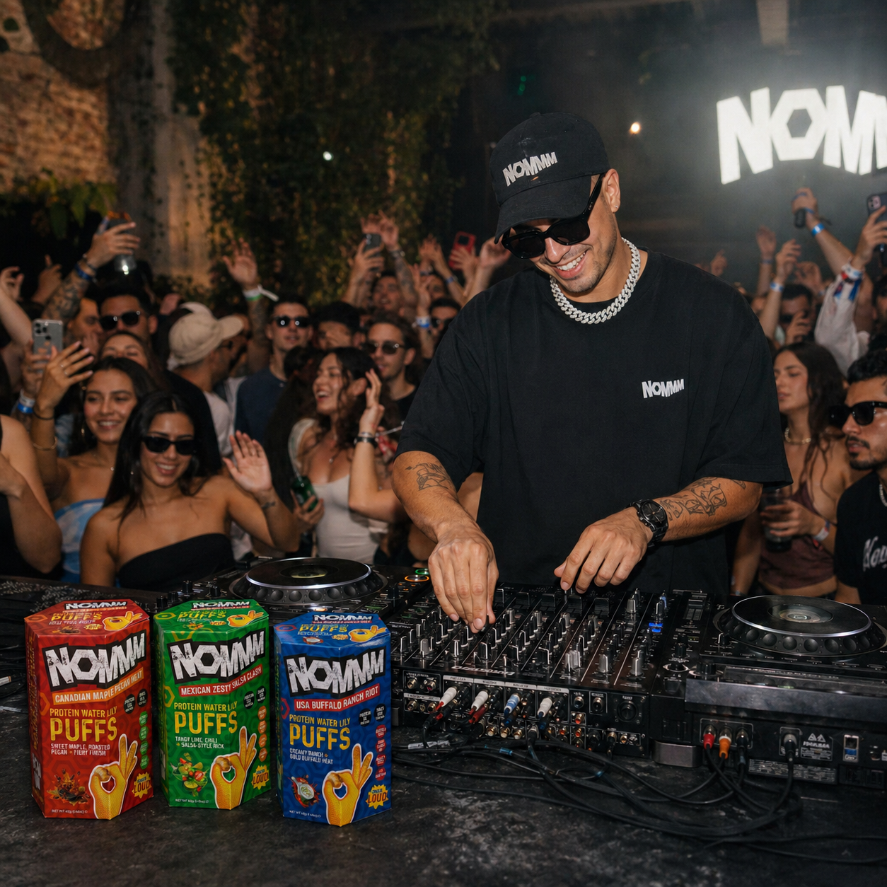 NOMMM Field Station - DJ scanning a NOMMM cap with three flavor packs on the booth and a packed crowd.