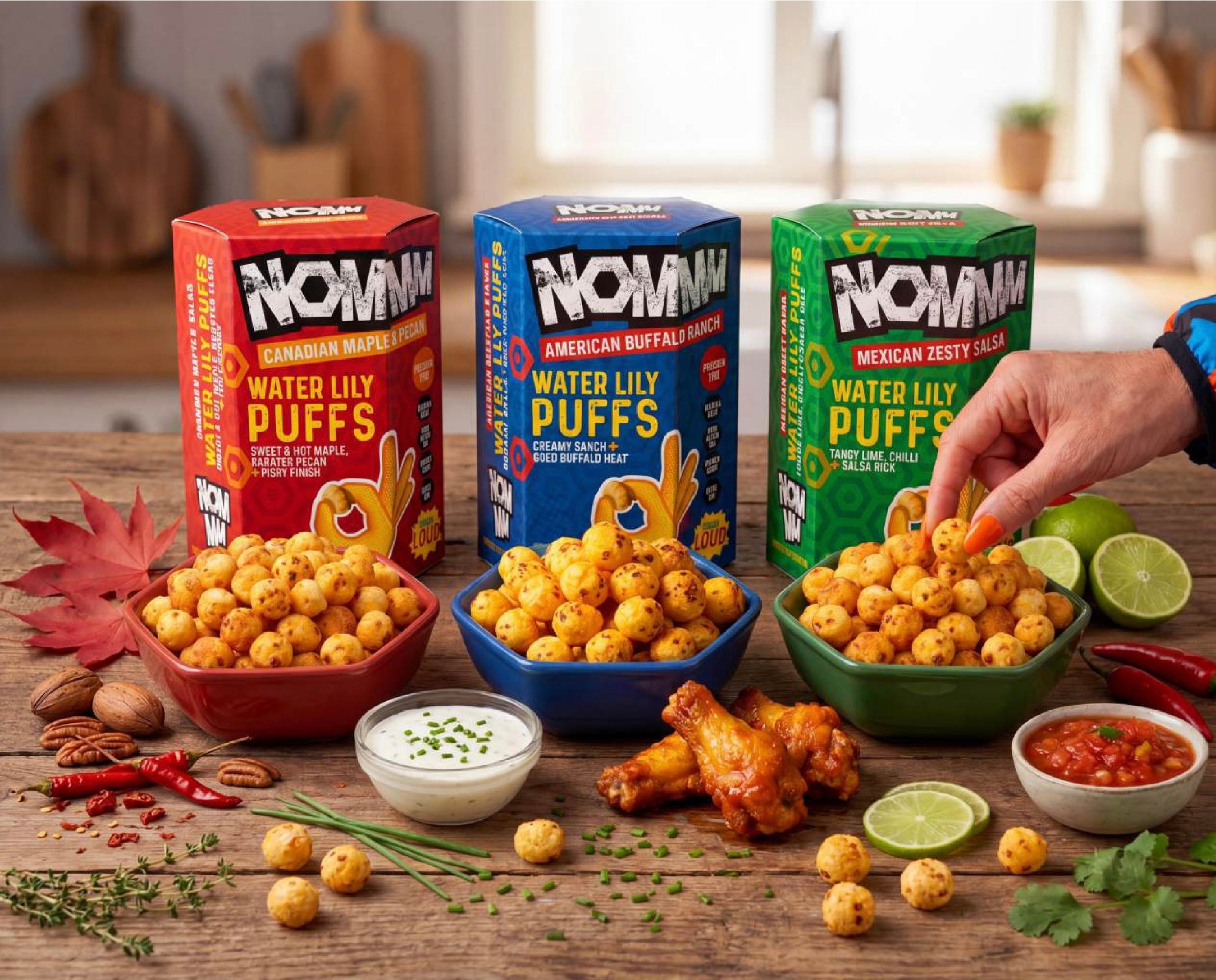 Three NOMMM water lily puff packs - Canadian Maple & Pecan, American Buffalo Ranch, Mexican Zesty Salsa.